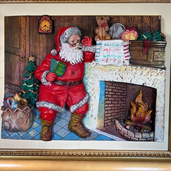 Vintage 3D Santa by Chimney Framed Christmas Decor Textured Relief Wall Art - Picture 2 of 13
